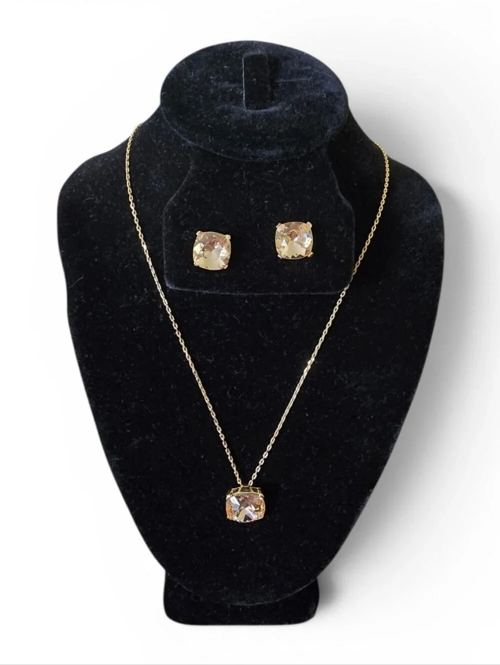 Goldtone Chain Necklace and Stud Earrings Set with Champagne Crystals